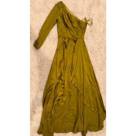 NEW Mac Duggal Ieena High Low One Shoulder Flowy Chartreuse Gown sz 4 - Picture 3 of 5